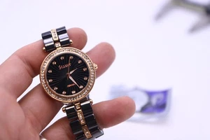 Ladies Stauer black ceramic rose gld tone crystal bezel wrist watch - Picture 1 of 10