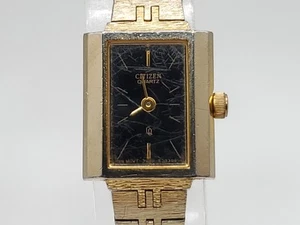 Vintage Citizen CQ Rechteck Damenuhr neue Batterie goldfarben schwarzes Zifferblatt 17mm - Bild 1 von 14