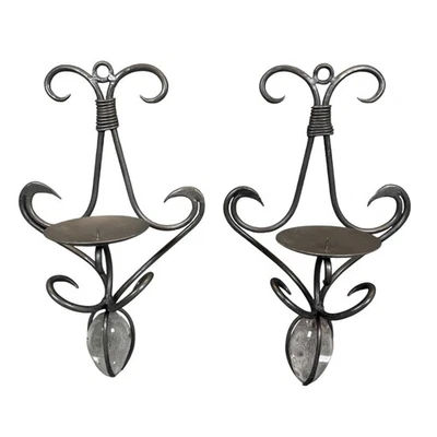 2 Antique Hand Forged Iron Wall Sconces Candle Holders 14"Crystal Accent Gothic - Image 1 of 4