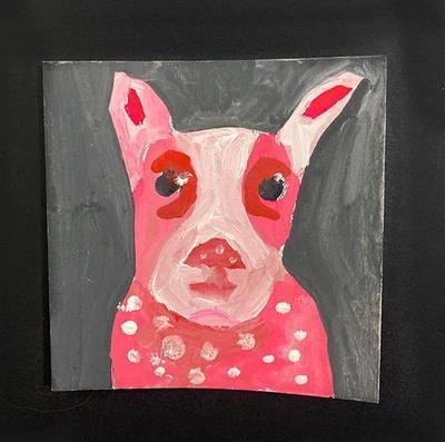 Original Bunny Portrait Painting Pink Rabbit Naive Square Mini Expressive Art - Image 1 of 4