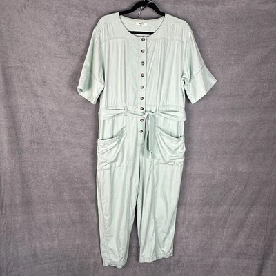 Madewell Jumpsuit Womens 14 Mint Green Top Stitched Coveralls Belted Cropped - Image 1 of 4