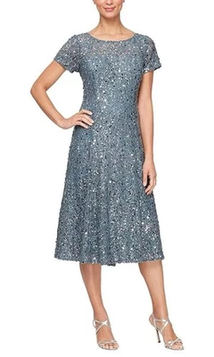 Ignite Evenings Slate Blue Sequin Lace Tea Length Cocktail Dress 14 NWT $139 - Image 1 of 4