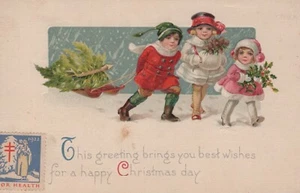 Weihnachten um 1922 - Kinder ziehen Schlitten im Schnee mit Weihnachtsbaum - verschickt - Bild 1 von 2