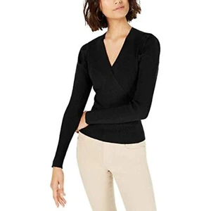 MSRP $79 Lucy Paris Womens Ribbed Knit Faux Wrap Sweater Black Size Small - Picture 1 of 2