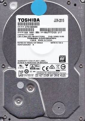 Toshiba DT01ABA300 / HDKPJ08A0A01 S Rev AAA AA00/BB0 3TB SATA 3.5" JUN 2015 7310 - Image 1 of 4