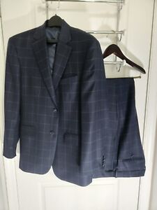 Paul Fredrick Wool 2pc Suit Mens 42R Jacket, 36 Pant Navy Windowpane