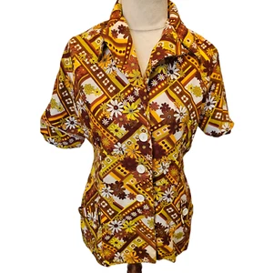 Camisa McCaul Vintage Años 70 Manga Corta Talla 10 Aprox Marrón Amarillo Floral Retro - Imagen 1 de 10