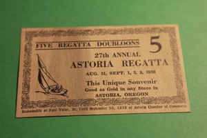 1938 Astoria OR Regatta Five and Ten Doubloons Flat Wooden Nickels Set