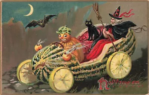 TUCK HALLOWEEN POSTCARD WITCH RIDES IN MELON CAR DRIVEN BY JOL BAT CAT 090124 T - Picture 1 of 2