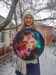 Vegan shaman drum "Wolf Spirit", tunable membrane, frame drum 14", 16", 20" - Picture 1 of 16