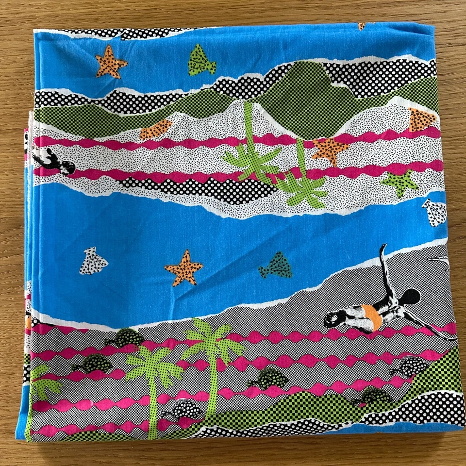 Quilting Cotton Beach Theme Fabric Cut  60" x 55 Ocean Swim Palm Tree - Image 1 of 2