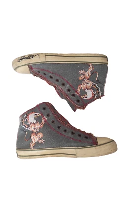 VTG Don Ed Hardy Laceless  Leather  High Tops Eagle Bat Print Slip on Trainers - Image 1 of 4