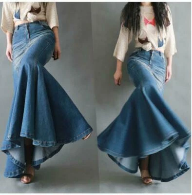 Women's Denim Jean Swing Maxi Fishtail Retro Casual New Hot Long Dress Skirt - Image 1 of 4