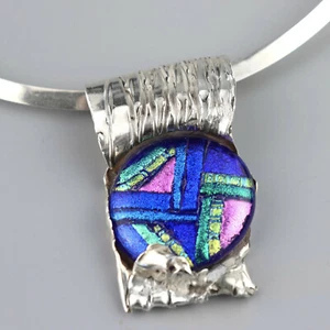 Vintage HUGE Brutalist Dychroic Glass Mexico Sterling Silver Artisan Necklace - Picture 1 of 8