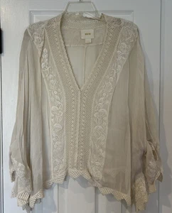 Maeve Anthropologie Sheer Ivory White Blouse Top Lace Sheer Coquette V-Neck - Picture 1 of 13