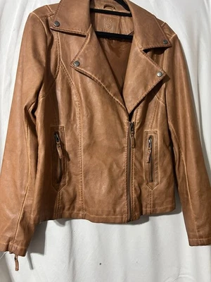 Max Studio 人造皮革女式夹克棕色摩托 L 码 (J51) — 第 1/4 张图片