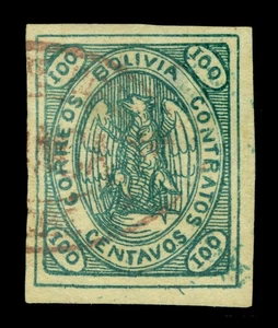 BOLIVIA 1868  CONDOR  100c green  Scott # 8 used VF/XF postally used - Picture 1 of 2