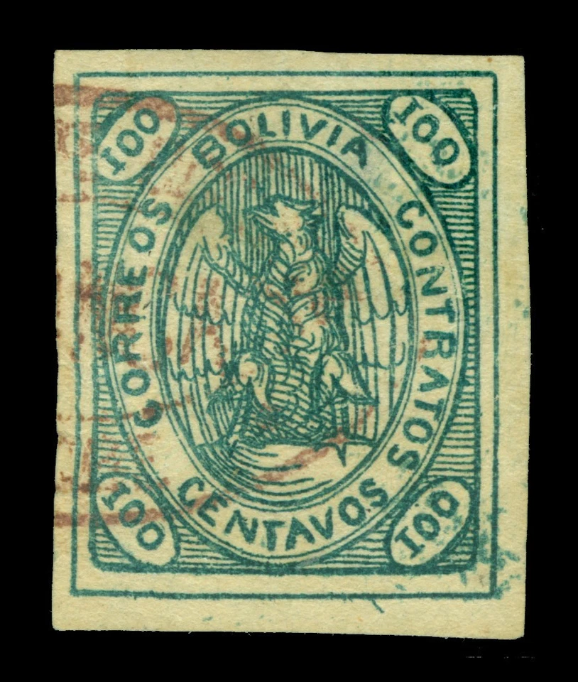 BOLIVIA 1868  CONDOR  100c green  Scott # 8 used VF/XF postally used - Image 1 of 2