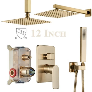 Brushed Gold Shower Faucet Set System Rainfall Shower Head Combo w/Mixer Valve - Picture 1 of 76