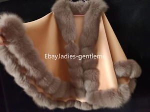 100 % vraie garniture en fourrure de renard poncho manteaux femmes manteau enveloppement laine cape cardigan