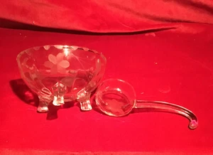 Vintage Etched Floral Glass Mayonnaise Bowl & Spoon Ladle Small BX2 (N7-1) - Picture 1 of 3