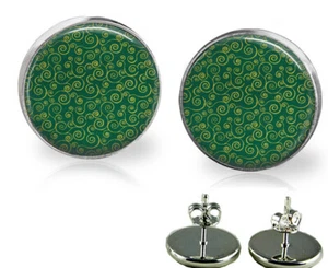 Golden Swirls Glass Top Stud Earrings In 3 Sizes Handmade Photo Jewelry - Picture 1 of 3