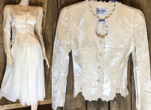 Vtg 90s Ivory Brocade/Lace Trim Peplum Jacket/Full Skirt Womens Set 4P~Wedding - Picture 1 of 18