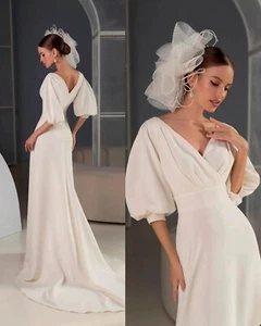 Elegant Sheath Wedding Dresses Half Sleeve Ruffles V Neck Sweep Train Backless - Picture 1 of 22