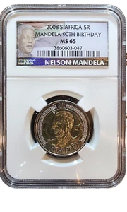 2008 South Africa 5 Rand Nelson Mandela's 90th Birthday Coin NGC MS65 - Picture 1 of 4