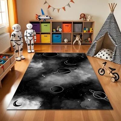 Black Color Space Rug Galaxy Moon Universe Carpet Moon Decor Nonslip Mat - Image 1 of 4