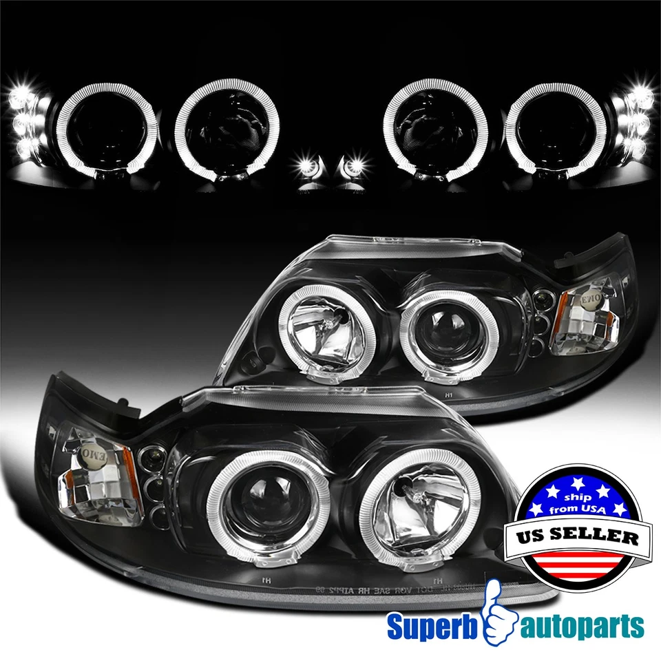 Fits 1999-2004 Ford Mustang Black Halo Projector Headlights LED Bar 99-04 Pair - Image 1 of 4