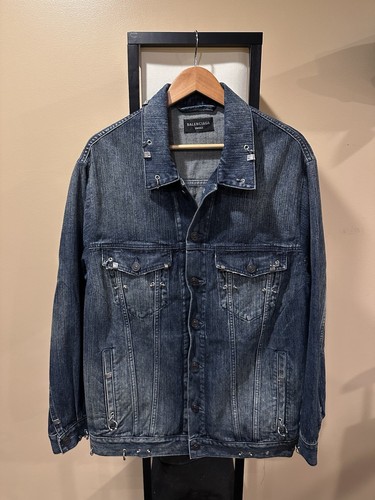 Giacca campione Balenciaga traforata blu scuro lavaggio denim SS24