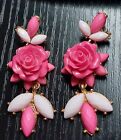Vintage Costume Jewelry Pink And White Flowers Dangle Drop Earrings Stud