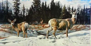 Deceiving Echoes Michael Scovel Buck Doe Deer Snow Trees Wall Decor Art Print - Picture 1 of 7