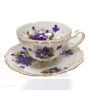 Yada Porzellan Veilchen 3-Zehen Tasse und Untertasse Set 4oz Lila Blumen Vintage MidCent - Bild 1 von 13