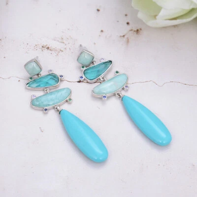 Aretes colgantes para mujer azul turquesa verde cristal amazonita Foto 1 de 4