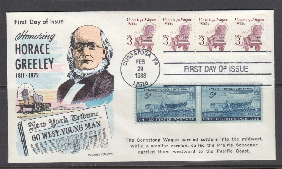 US Sc 2252 FDC 1988 3c Conestoga Wagon coil combo, Fluegel cachet, fresh, bright - Image 1 of 1