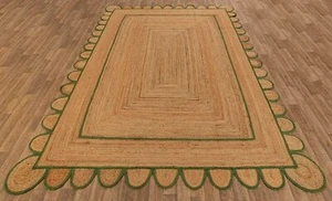 Scallop Jute Rug Rectangle Handmade Rustic Living Room Area Rug Beige Green - Picture 1 of 8