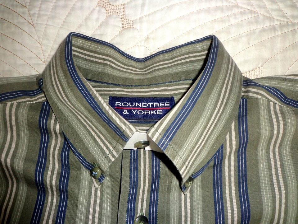 Camisa masculina casual listrada verde oliva Roundtree & Yorke tamanho M 100% algodão - Imagem 1 de 4