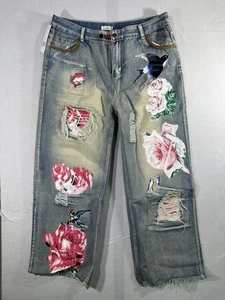 Ursime Woman's Light Blue Denim Jeans With Rips & Bird & Roses Appliqué 3XL - Picture 1 of 15