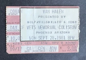 Boleto de concierto Van Halen 1981 vintage 28/09/81 - advertencia justa - Phoenix, AZ. - Imagen 1 de 2