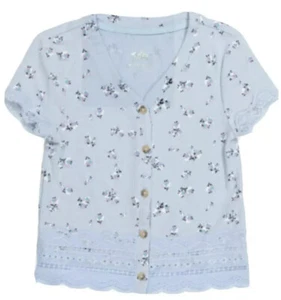 Justice Girls Top Blue Floral Button Up Lace Trim Short Sleeve Ribbed Size 16/18 - Picture 1 of 11