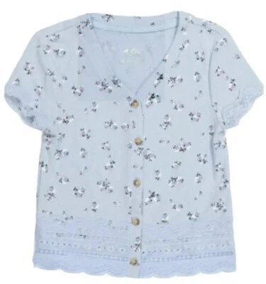 Justice Girls Top Blue Floral Button Up Lace Trim Short Sleeve Ribbed Size 16/18 - Image 1 of 4