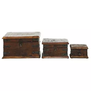 Reclaimed Wood Box Treasure Chest Keepsake Boxes Pirate Decor Hinged Lid Set/3 - Picture 1 of 3