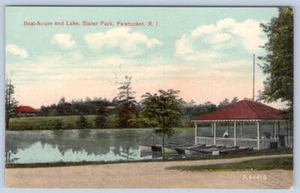 1910's PAWTUCKET RHODE ISLAND BOATHOUSE AND LAKE SLATER PARK POSTCARD - Picture 1 of 2