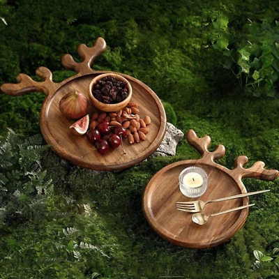 1pc Christmas Serving Platter Wooden Antler Serving Tray Round Wooden Food Dish - Image 1 of 4
