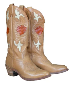 Vintage 1970s floral cowgirl boots, brown genuine leather cowboy heel boho 7 - Picture 1 of 18