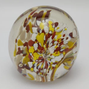 Vintage Floral Paperweight Art Glass 2.5" Yellow White Red Flowers - Picture 1 of 8