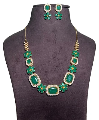 Green Onyx  Statement Necklace Set ,Gold Plated Earring With Necklace , - Image 1 of 3