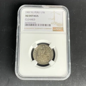 NGC Graded 1907 FG Peru 1/5S 1/5 Sol Au Details Cleaned Coin - Picture 1 of 4